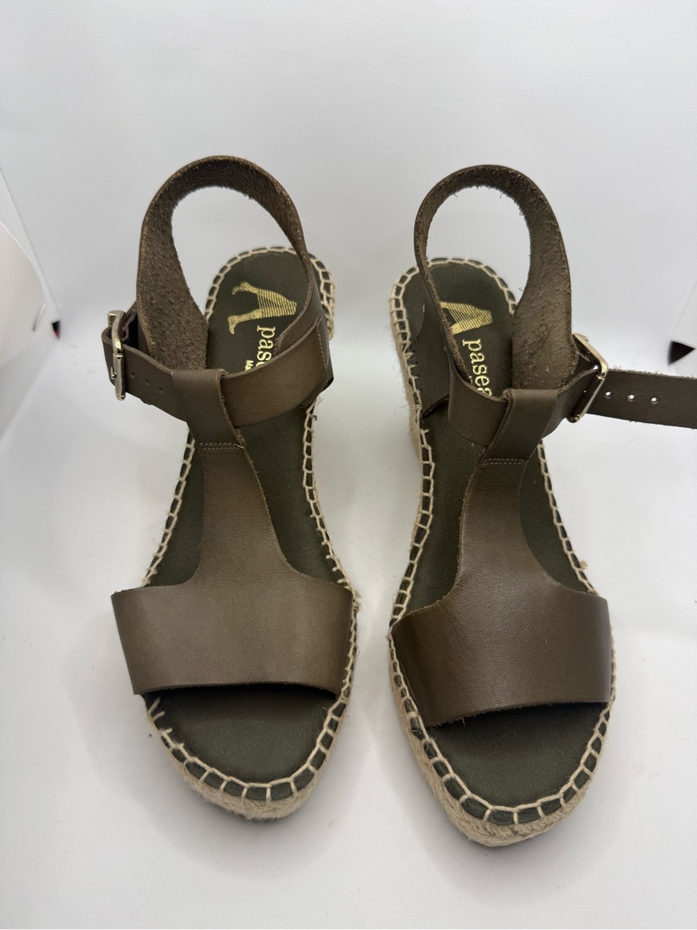 Paseart Leather T-Strap Olive Green Wedges Espadrilles Sandals Womens Sz 40-9.5